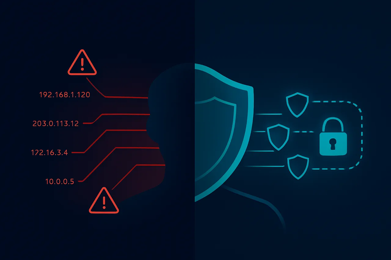 Split-screen comparison diagram showing unprotected vs. protected network connections with data flow visualization