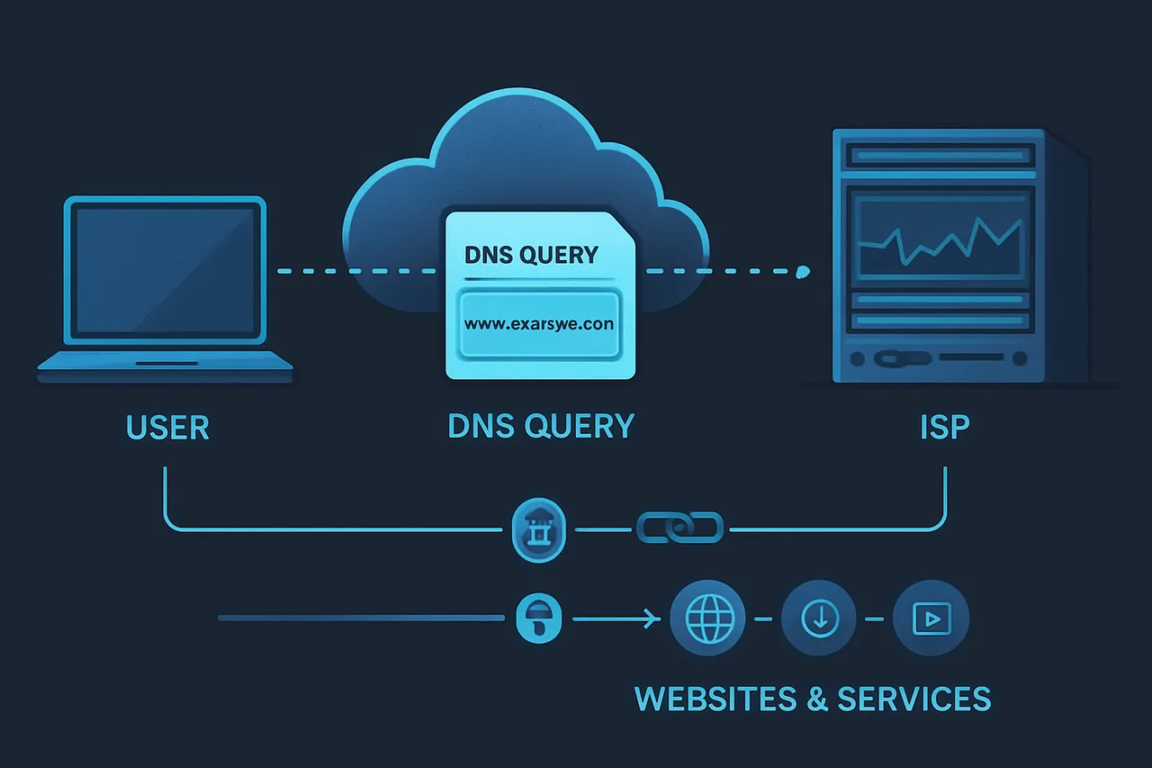Technical illustration of DNS query interception showing how unencrypted queries expose browsing activity
