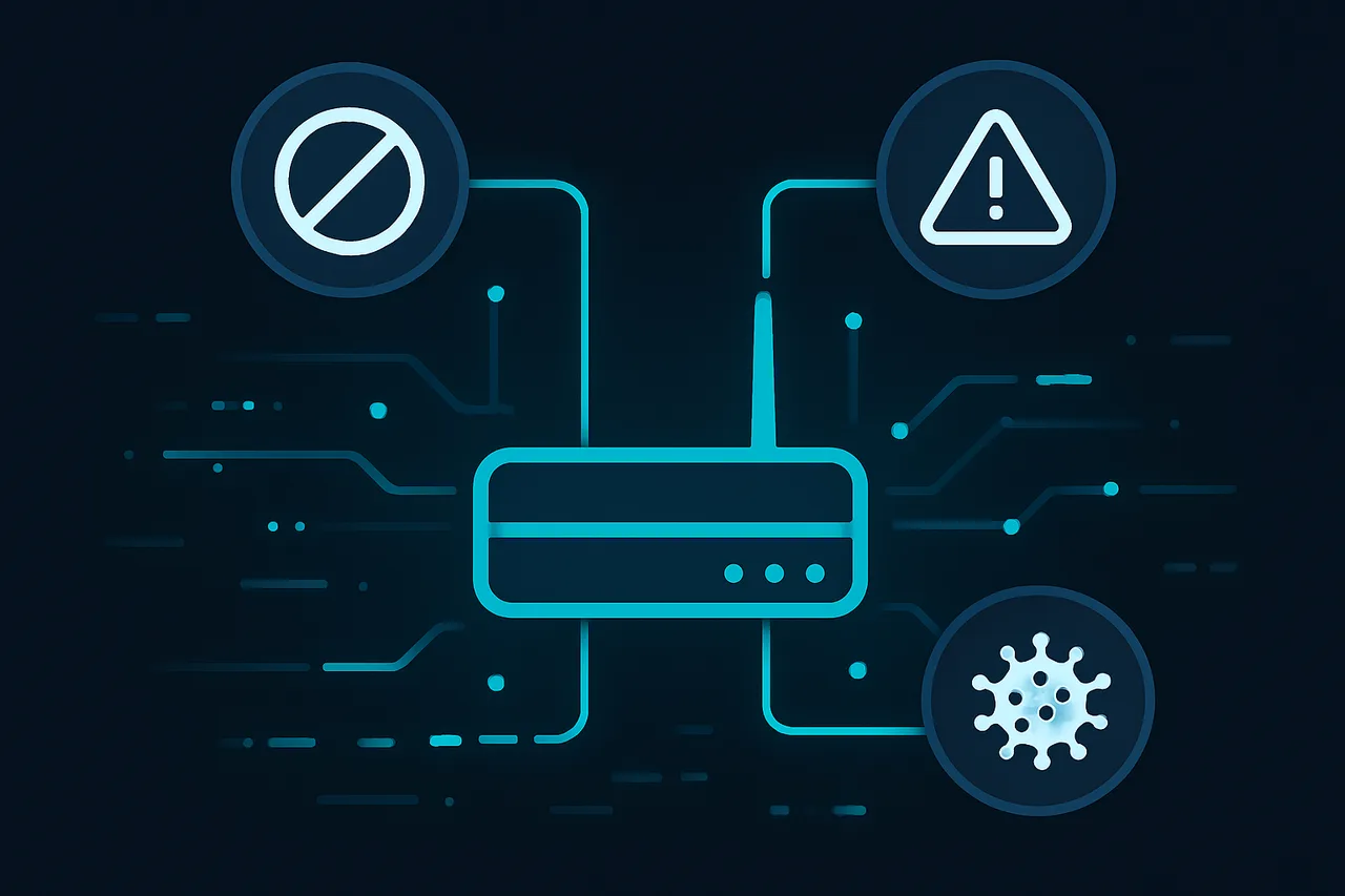 Network diagram illustrating three primary threats to unprotected torrenting: ISP throttling, legal enforcement, and malware exposure
