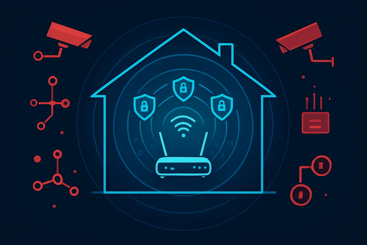 Layered home network security diagram showing router protection barriers against external threats
