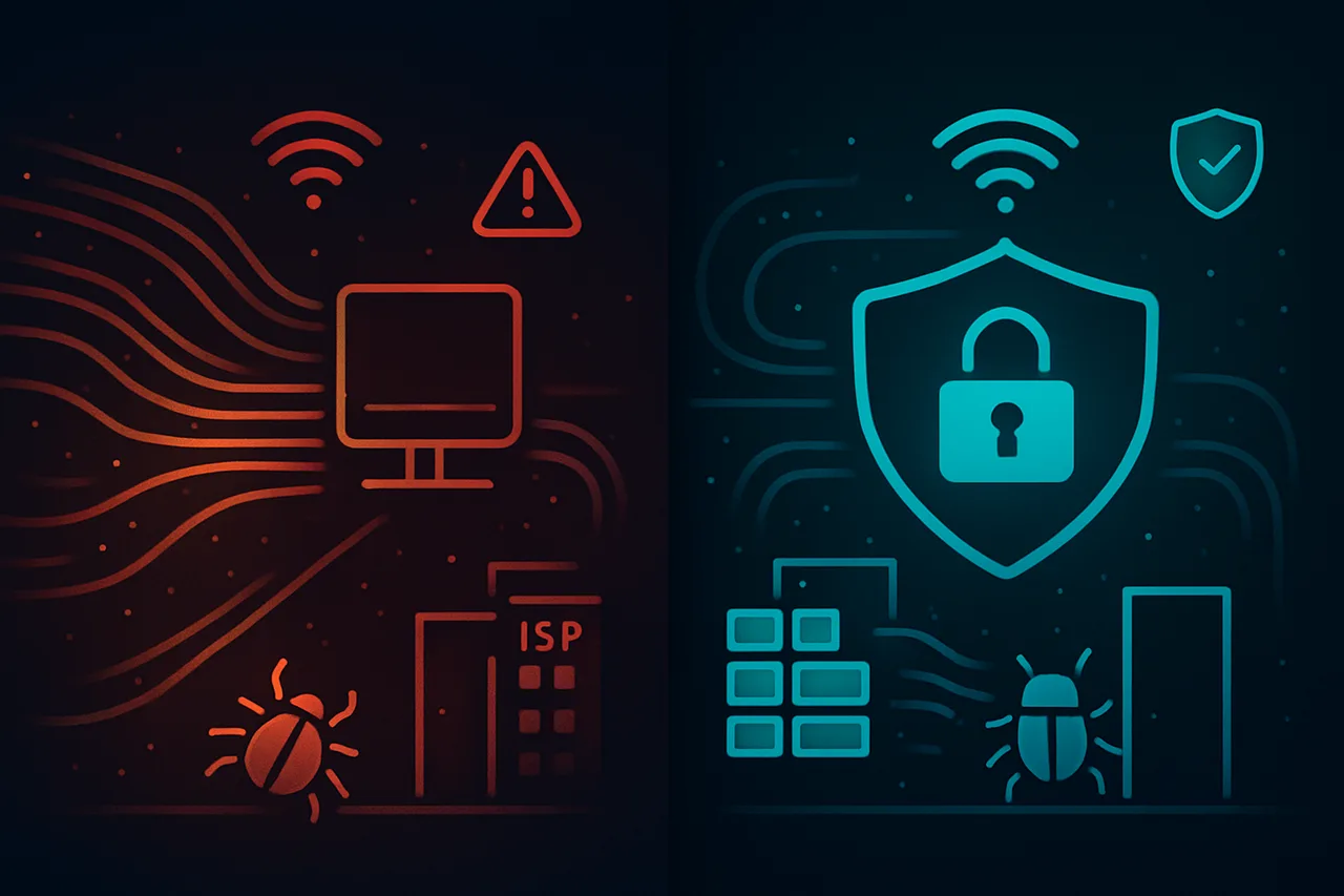 Before and after visualization of unprotected versus hardened home network security