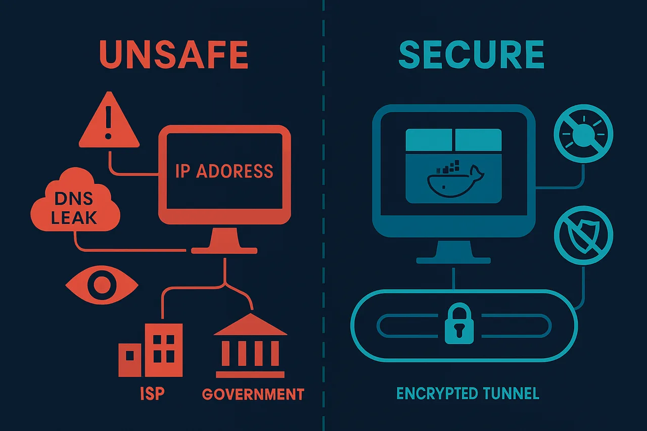 Comparison diagram of unprotected vs containerized VPN torrenting architecture