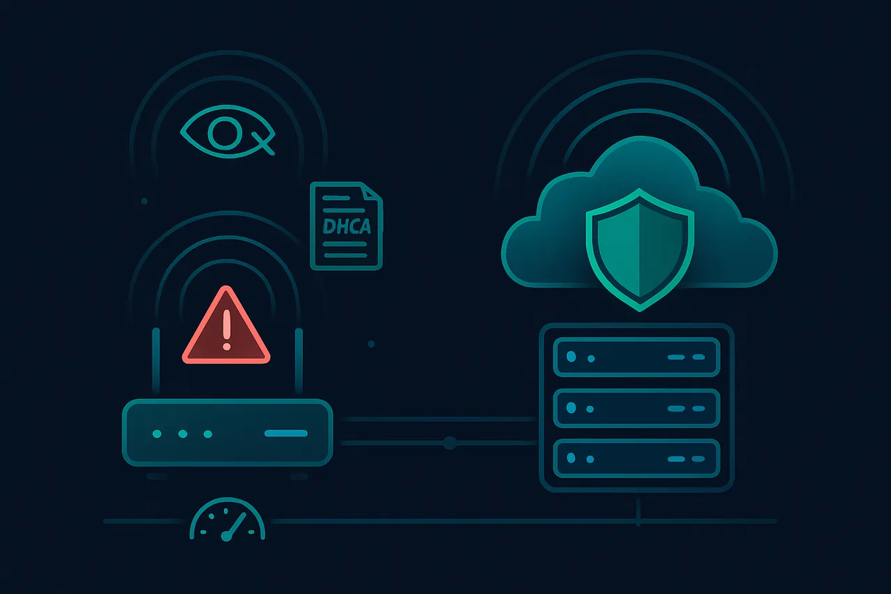 Diagram comparing home network risks versus cloud-based seedbox security layers