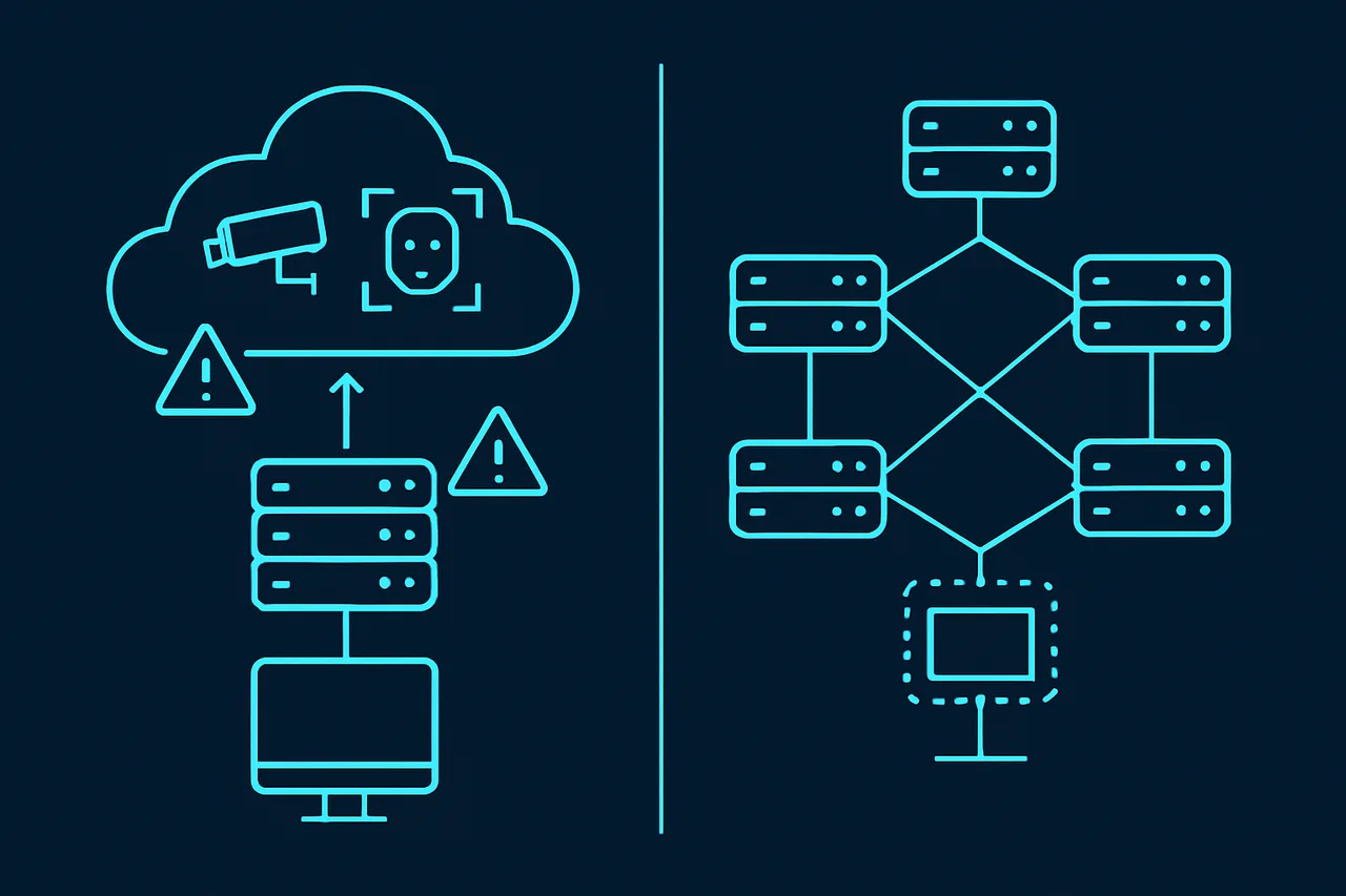 Comparison diagram of centralized corporate chat platform versus self-hosted decentralized server architecture