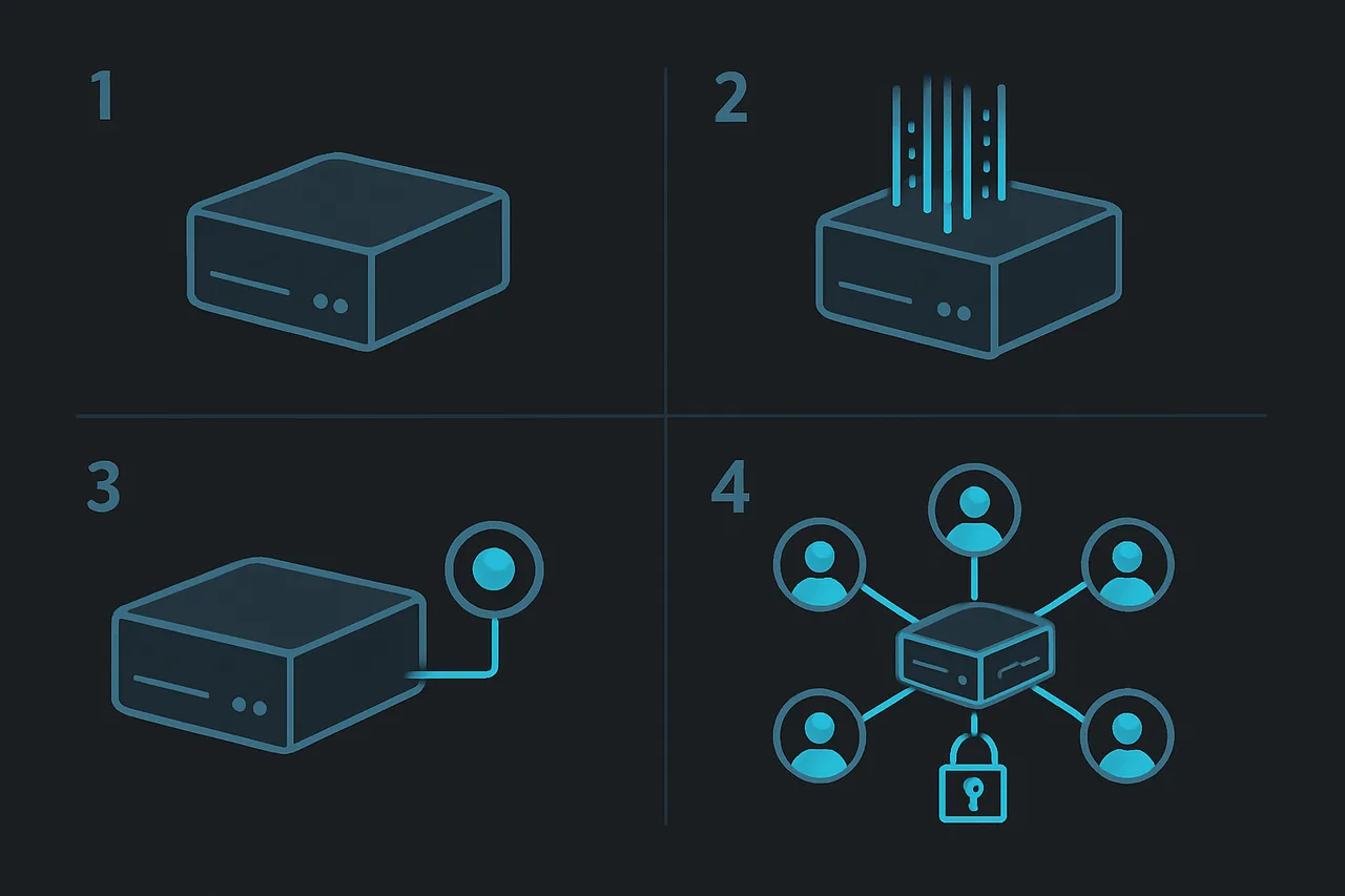 Step-by-step visual diagram of self-hosted chat server setup and user connection process