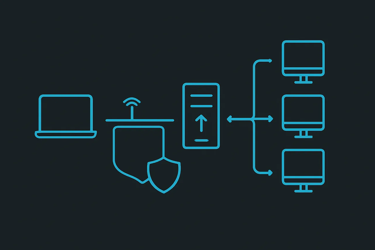 Network diagram showing self-hosted server architecture with connected players and security layer