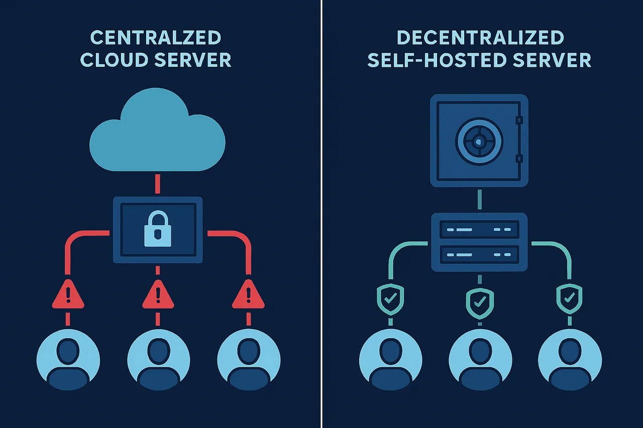 Visual comparison of centralized vs. decentralized communication server architectures