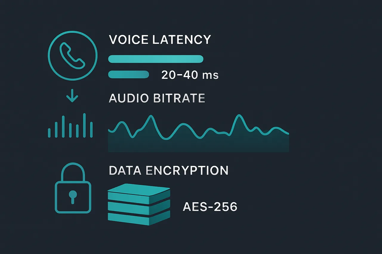 Technical specifications comparison diagram for voice quality and security metrics