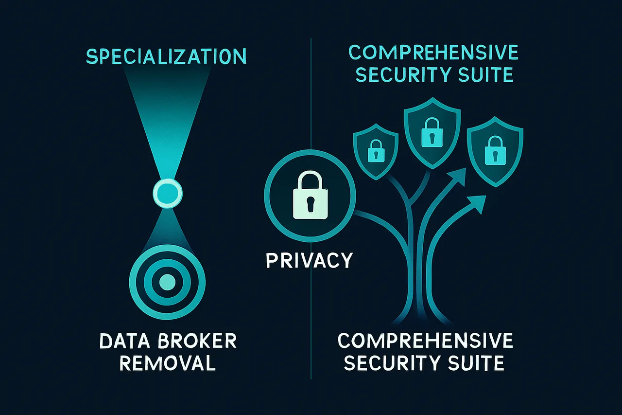 Comparison diagram showing specialized vs comprehensive security approaches with diverging paths