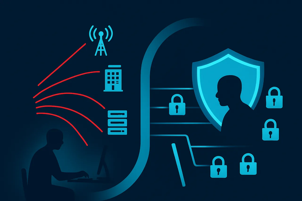 Data flow comparison showing unprotected vs protected browsing with encryption visualization