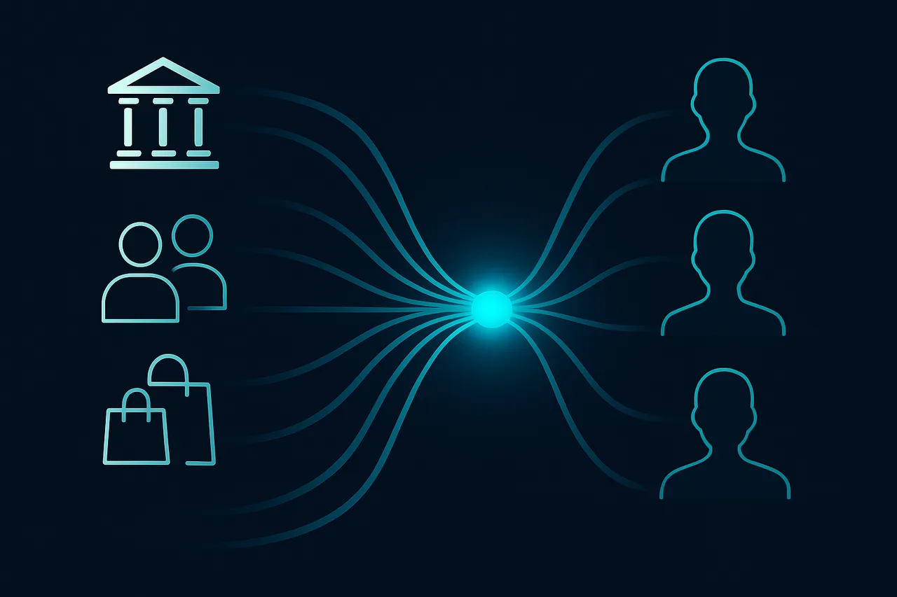 Infographic showing eight data sources converging into a central data broker hub and distributing to consumers
