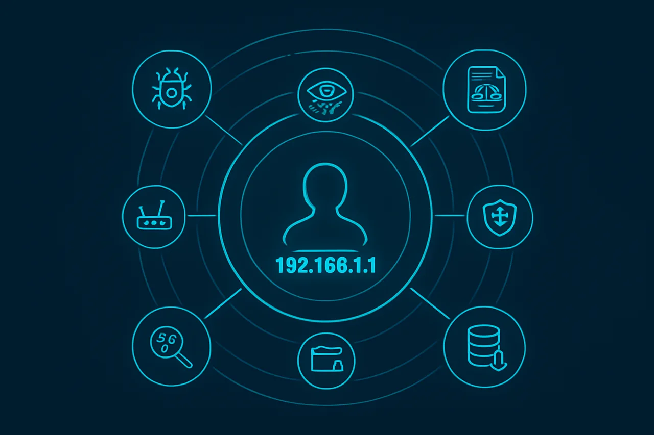Network diagram showing a user's digital exposure layers through ISP monitoring, malware threats, and legal exposure