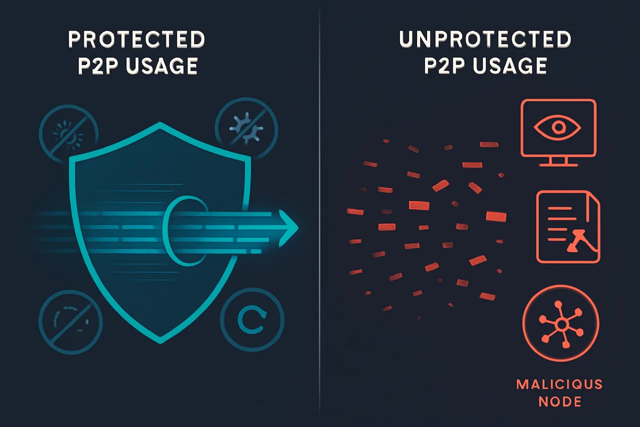 Comparison visualization of protected versus unprotected P2P file sharing and their respective threat exposures