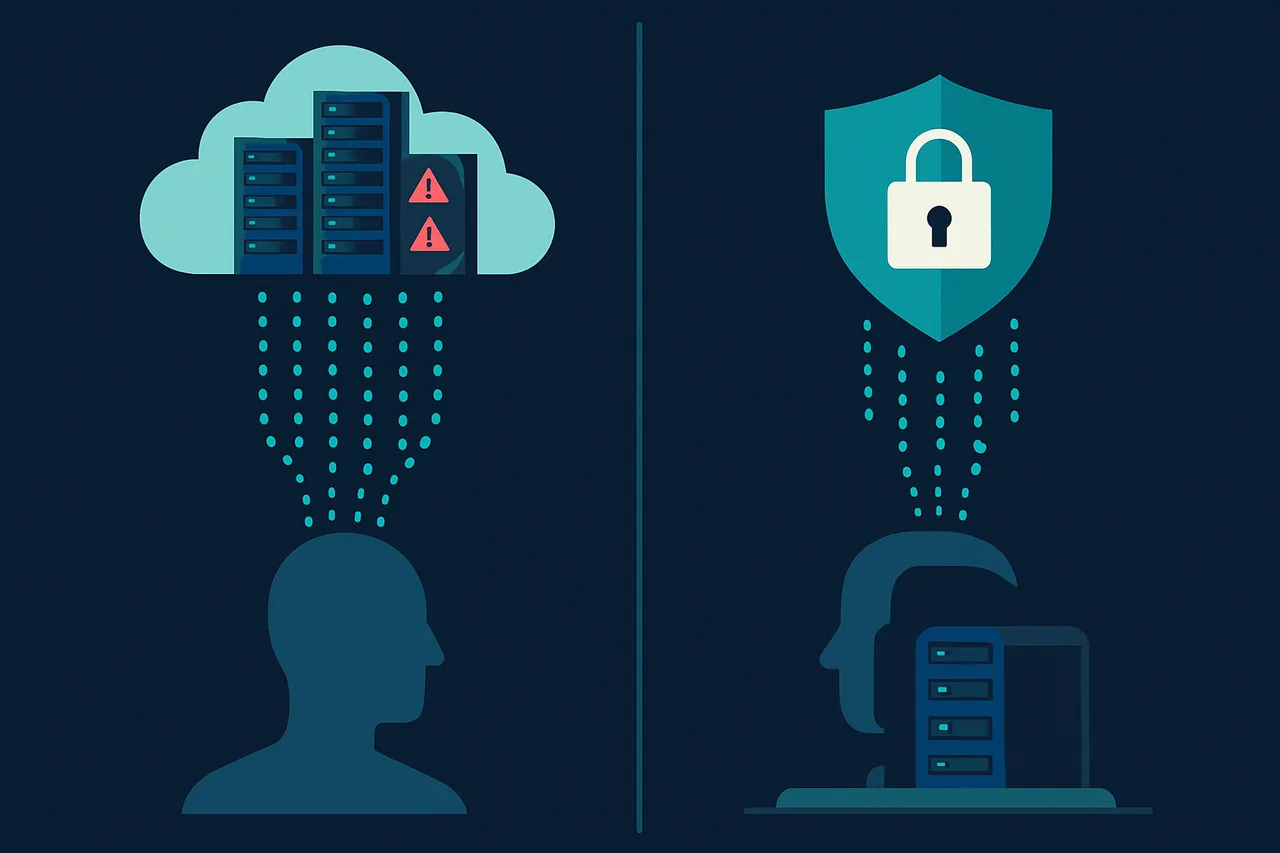 Visual comparison showing data flowing to corporate clouds versus secured personal server