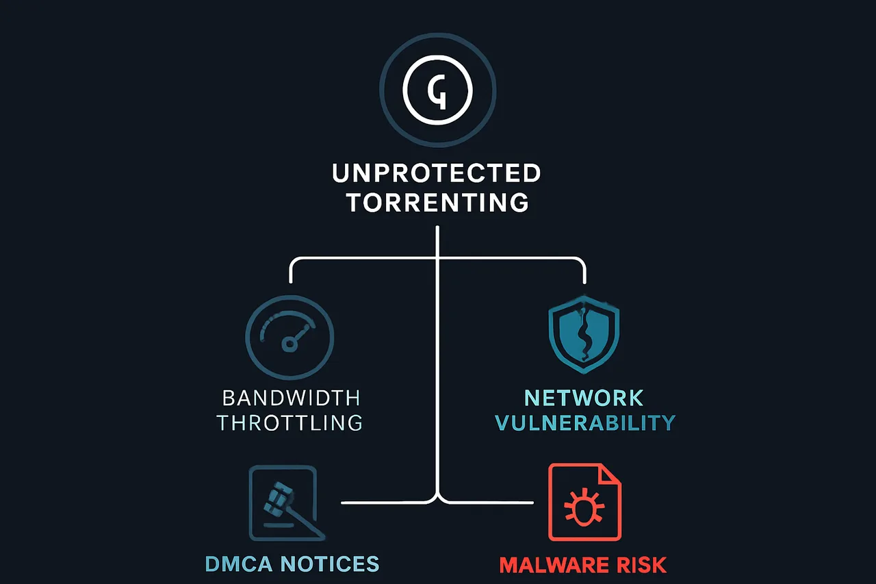 Flowchart showing consequences of unprotected torrenting including throttling, legal notices, and security risks