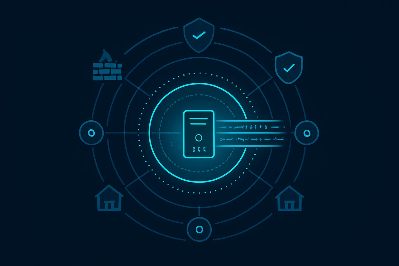 Network security layers protecting a central media server with VPN and DNS filtering visualization
