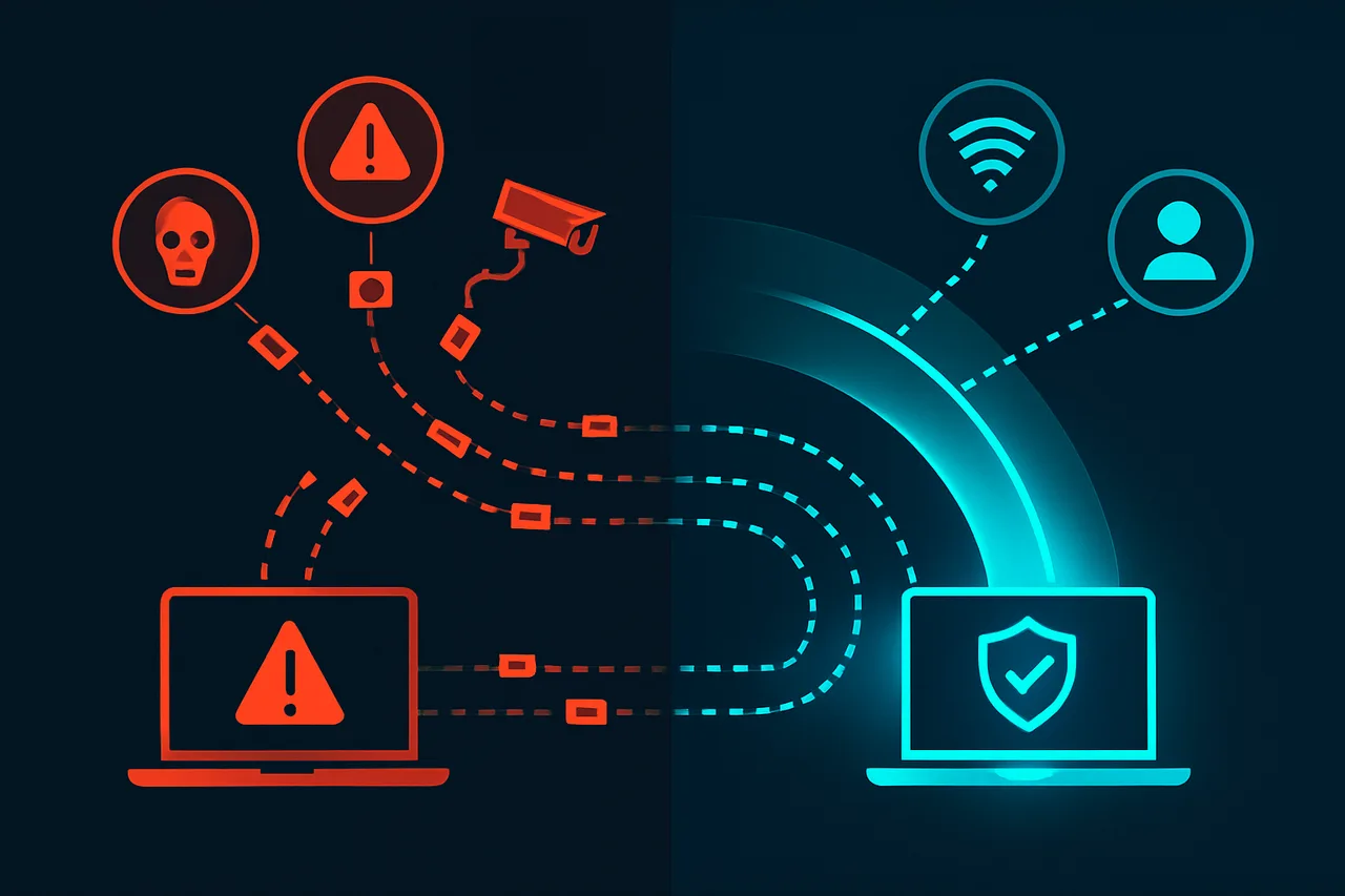 Comparison diagram of unprotected vs VPN-protected data flow showing interception risks