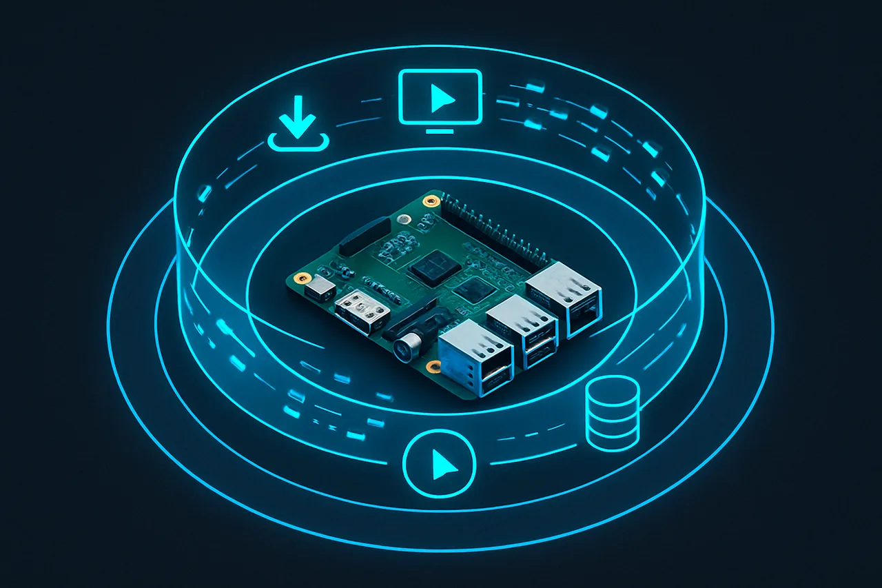 Isometric diagram of hardened Raspberry Pi server with VPN protection layers