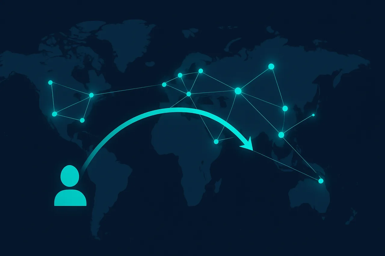 Diagram illustrating VPN geographic routing concept with world map and network tunneling