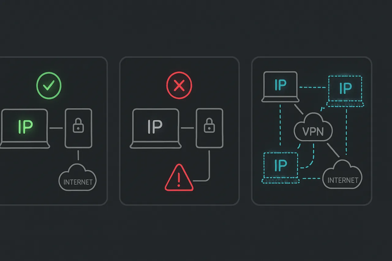 Three-stage technical diagram showing VPN blocking and advanced unblocking techniques
