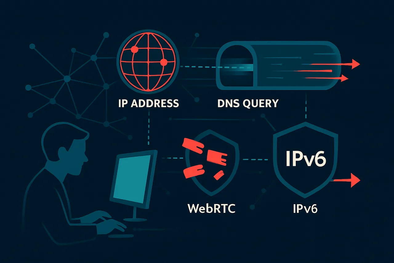 Infographic illustrating VPN data leak vectors including IP address exposure, DNS queries, WebRTC protocols, and IPv6 traffic escaping encryption
