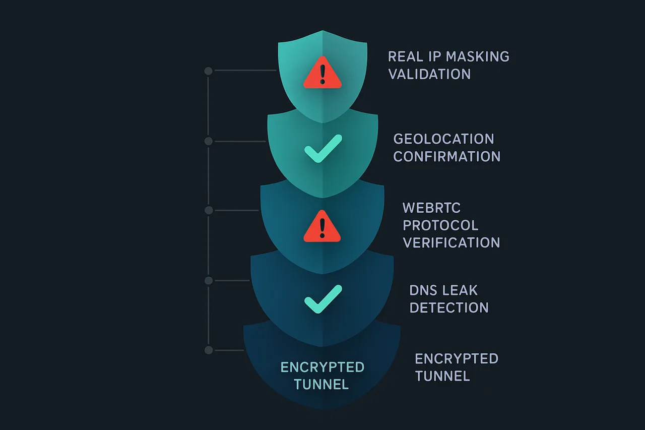 Layered verification diagram showing the five security checkpoints users should validate in their VPN setup