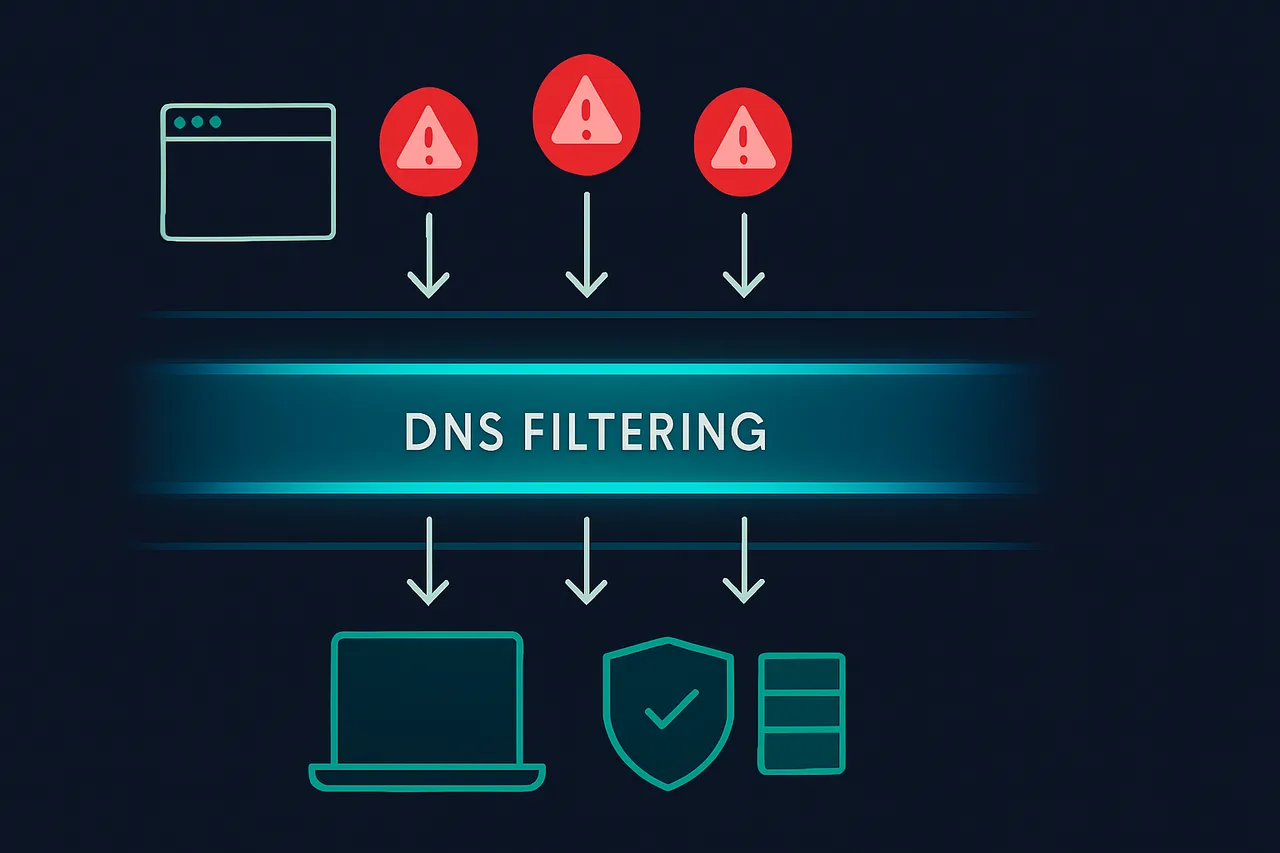 Network security diagram showing DNS filtering blocking malicious domains before they reach a user's device