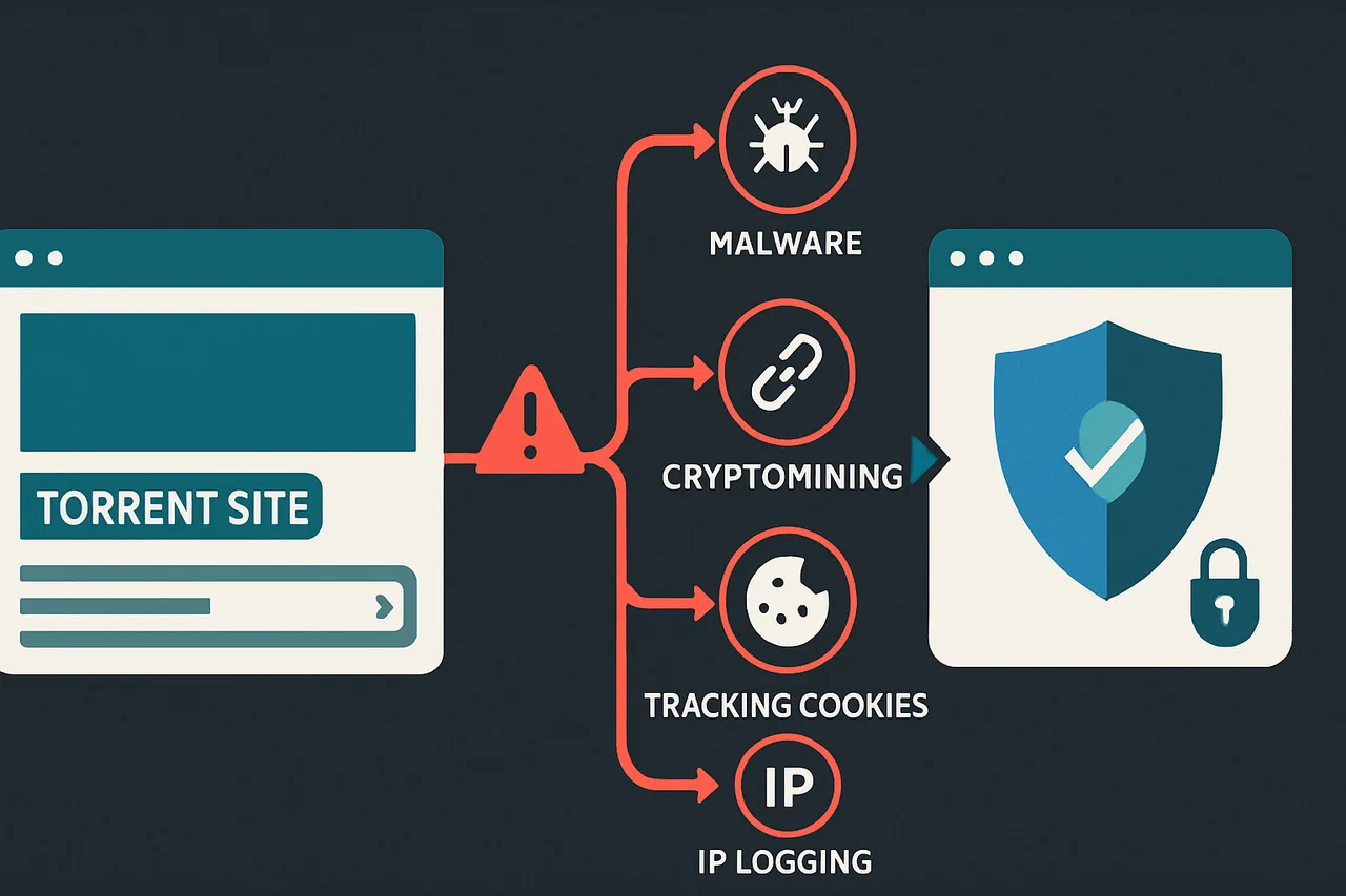 Attack lifecycle diagram comparing an unprotected vs protected browsing experience with fake torrent sites