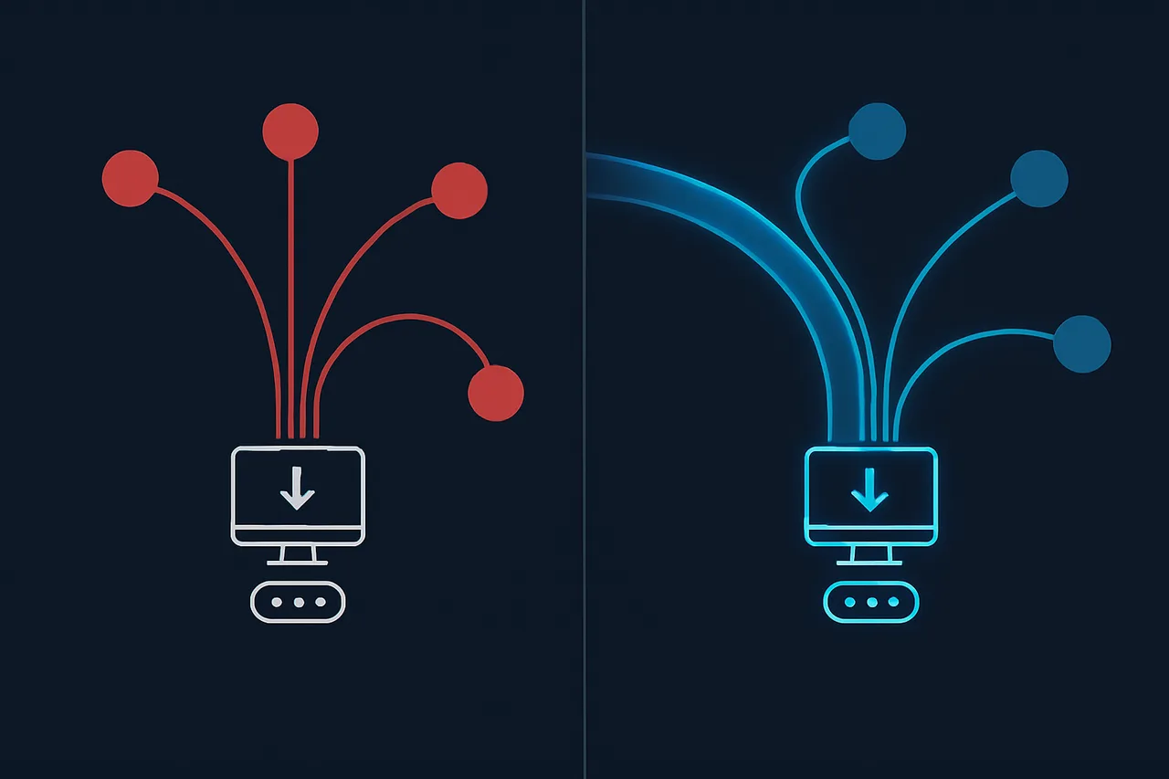 Technical diagram comparing unprotected torrent data exposure versus encrypted VPN tunnel protection