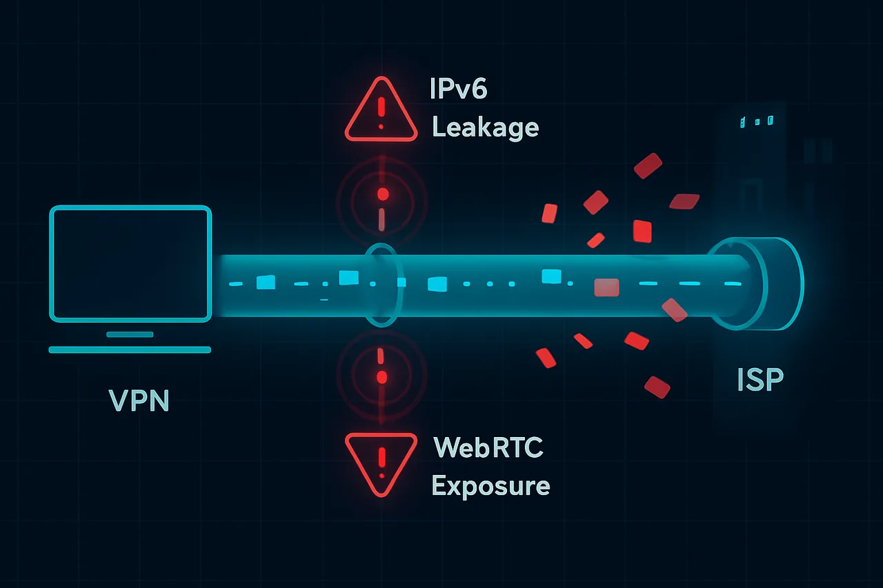 Technical diagram showing three different VPN leak vulnerabilities occurring simultaneously along a secure connection tunnel