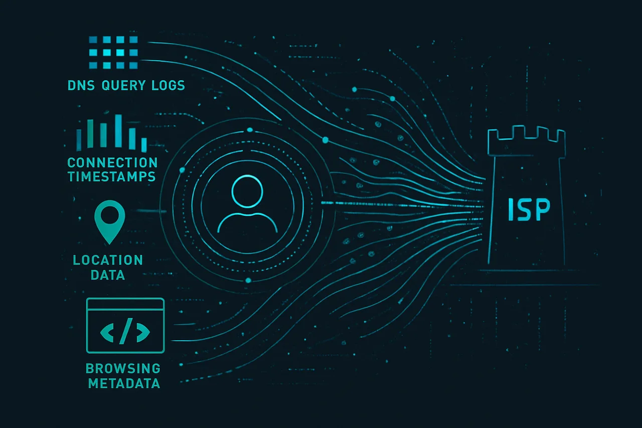 Abstract visualization of how ISP data collection builds comprehensive user profiles from metadata leaks