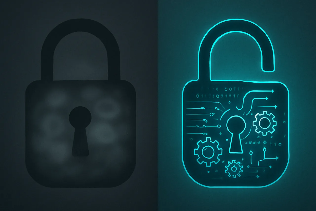 Split-screen comparison of black box versus transparent algorithmic systems