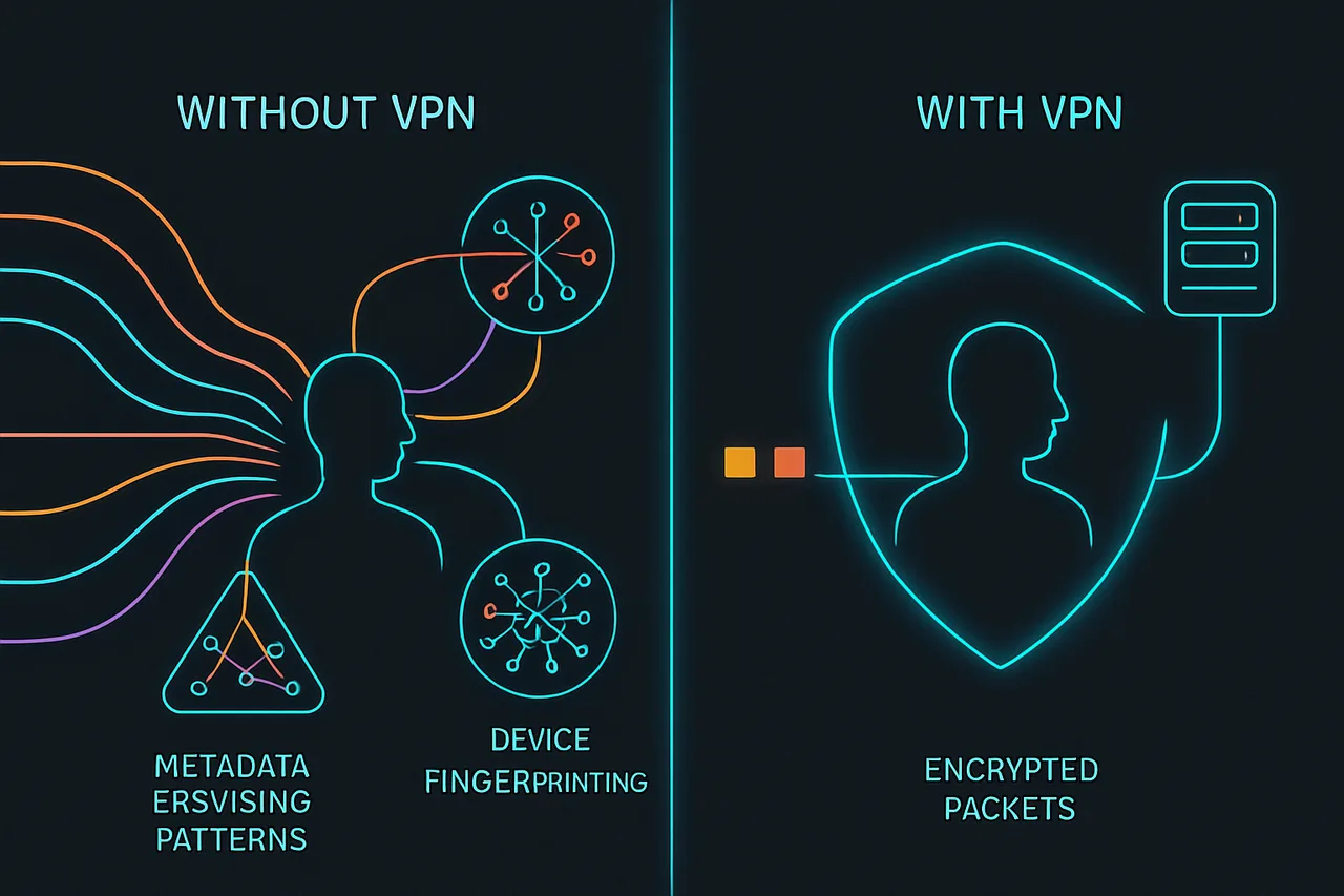 Side-by-side comparison showing data exposure without VPN versus encrypted flow through VPN tunnel with reduced tracking visibility