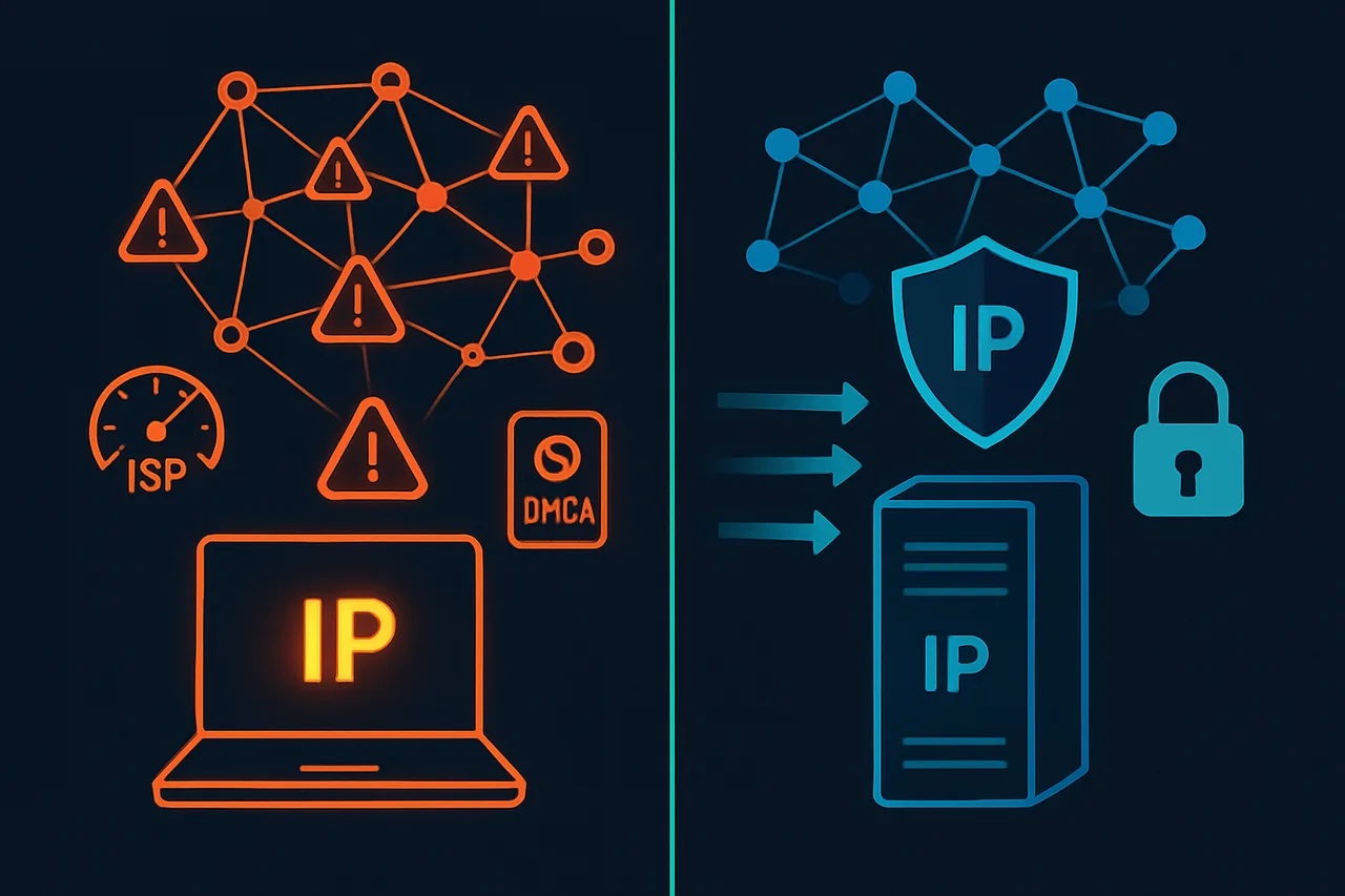 Diagram contrasting exposed torrenting from home versus protected torrenting through a seedbox server