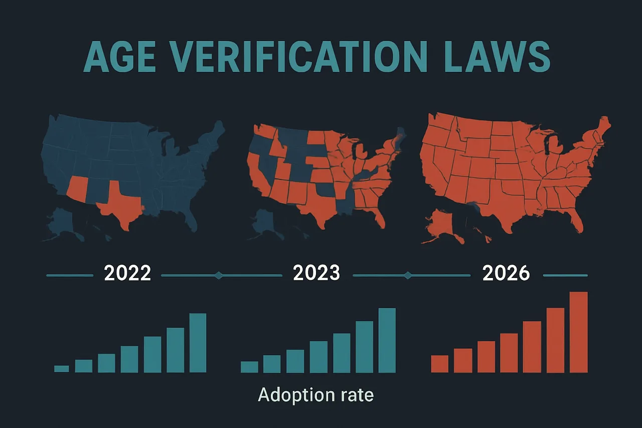 Timeline infographic showing the spread of age verification legislation across US states from 2022-2026