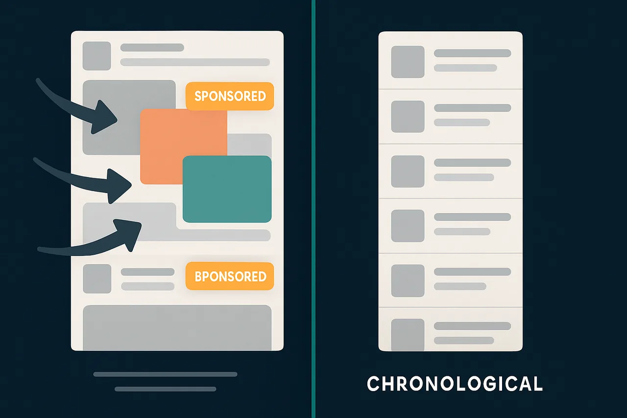 Visual comparison showing social media algorithmic feed clutter versus clean RSS chronological organization