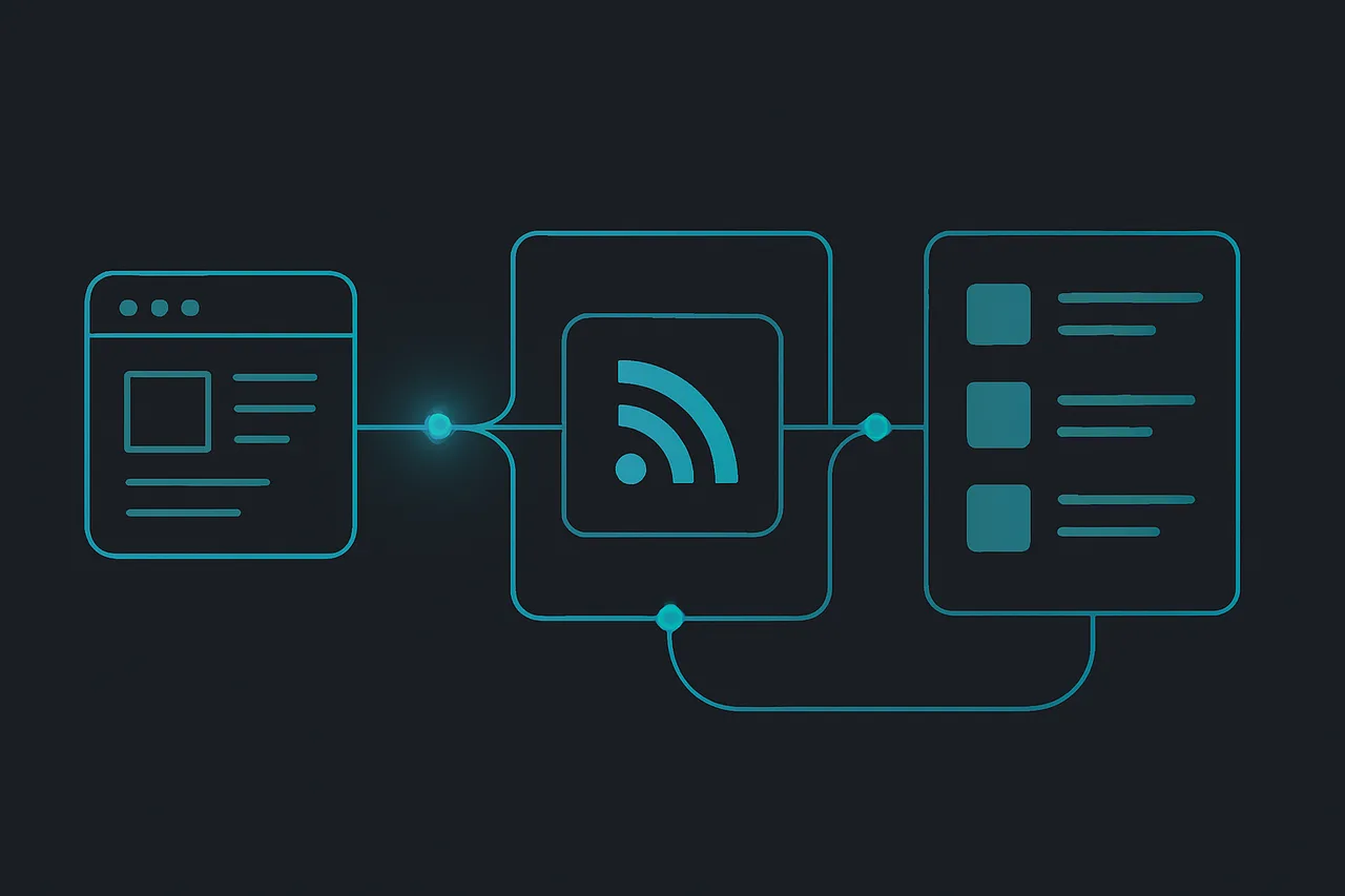 Technical illustration of how RSS feeds distribute content from source websites to reader applications