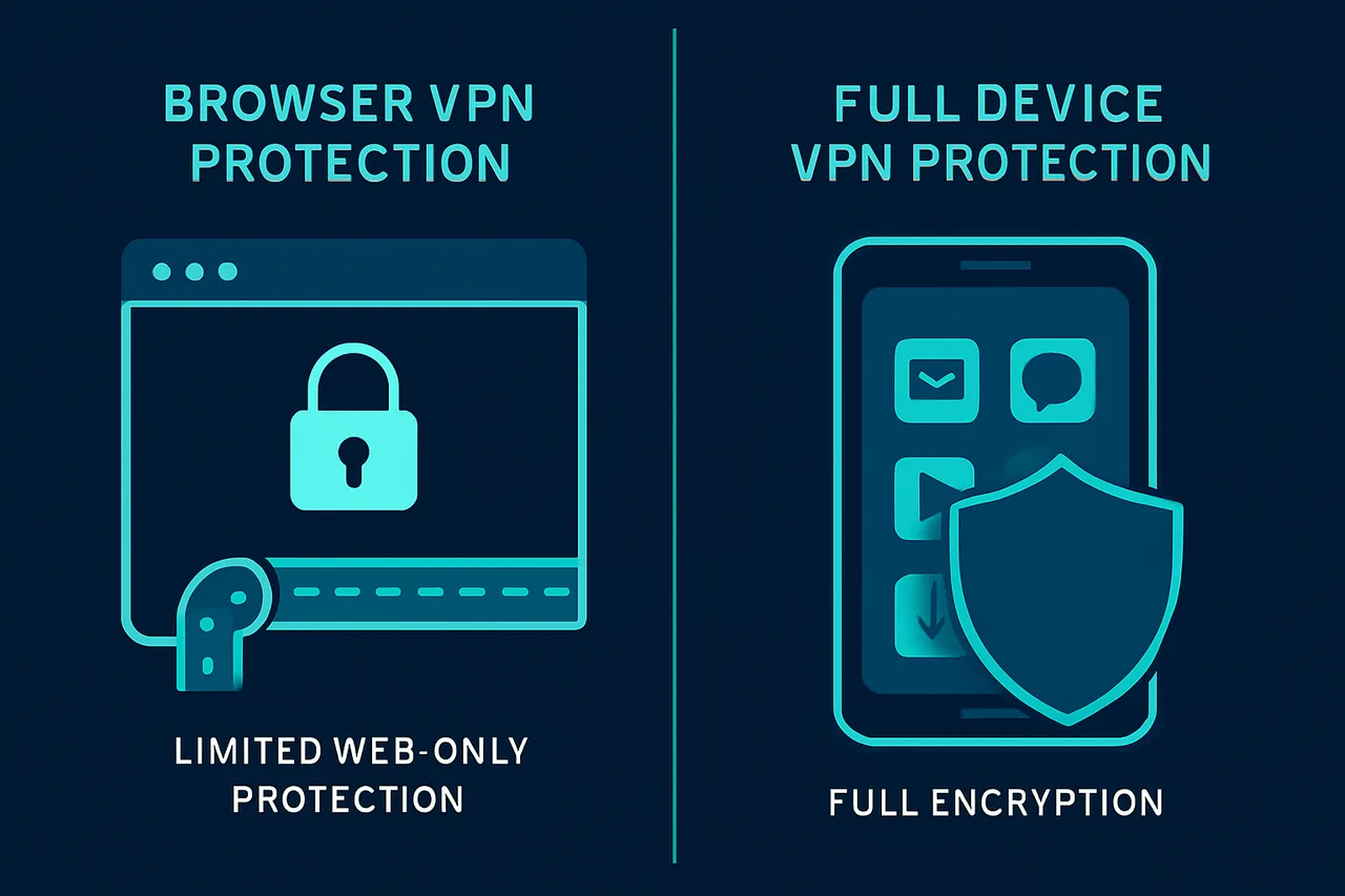 Comparison diagram of browser VPN vs full device VPN protection coverage