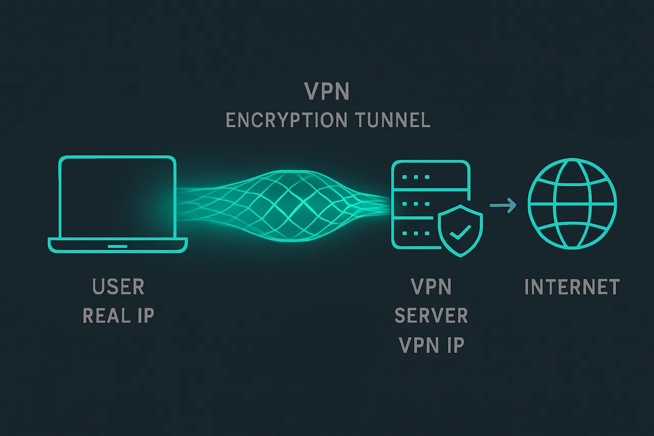 Diagram illustrating how VPN encryption tunnels route traffic through a secure server
