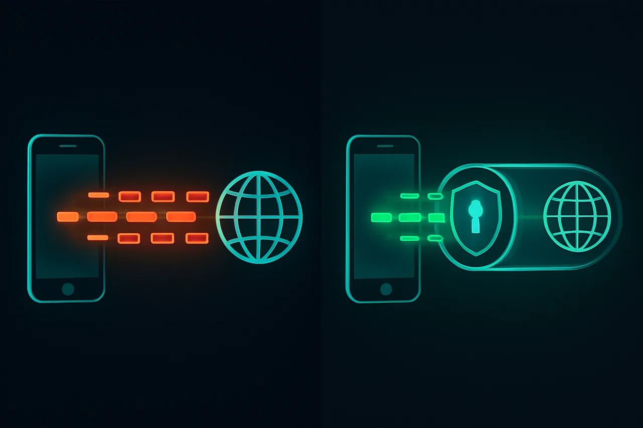 Diagram comparing unprotected versus VPN-encrypted internet connections