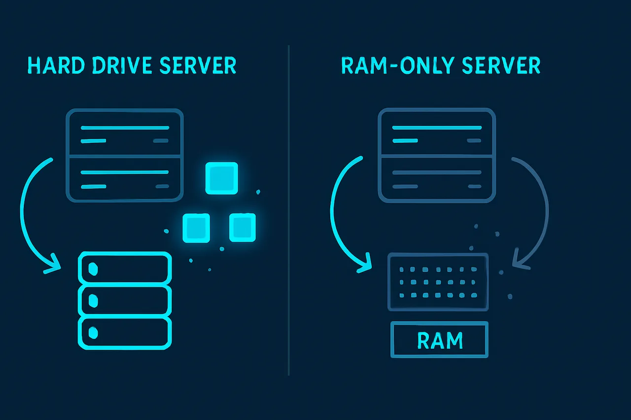 Side-by-side comparison diagram of traditional hard drive servers versus RAM-only servers, showing data persistence versus automatic data clearing
