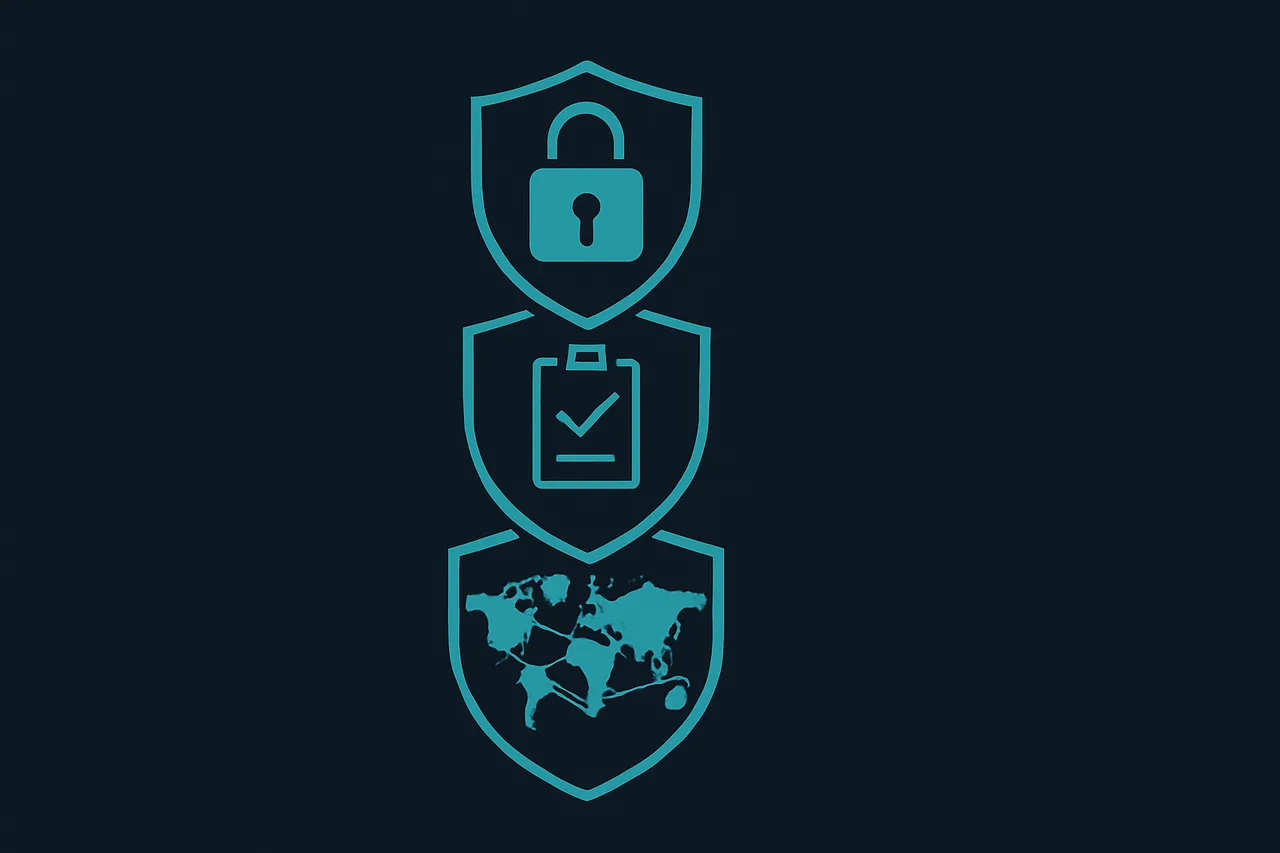 Vertical security layers visualization showing global server network, independent audits, and encryption protection