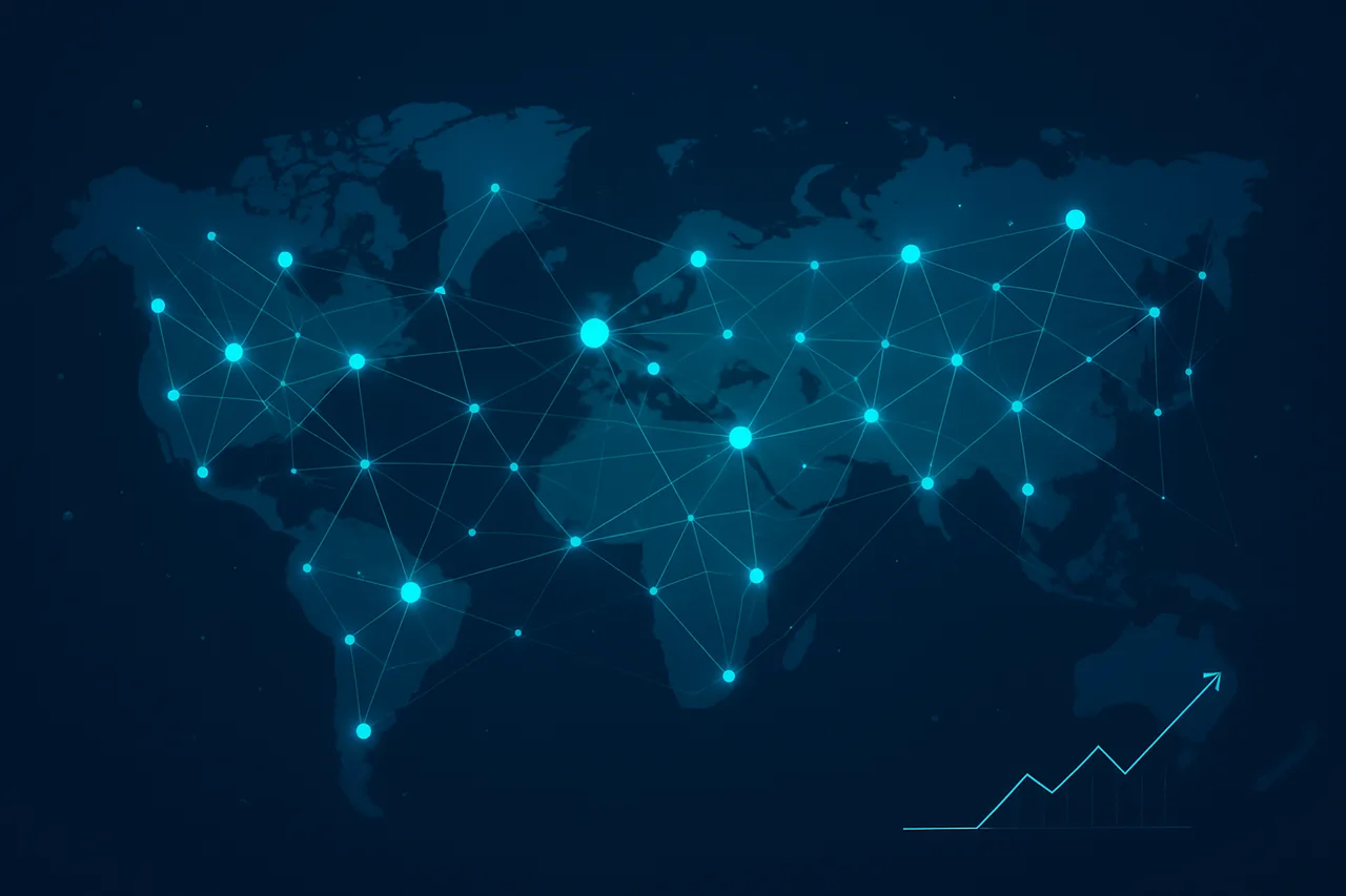 Global VPN server network visualization showing distributed servers worldwide with connection lines