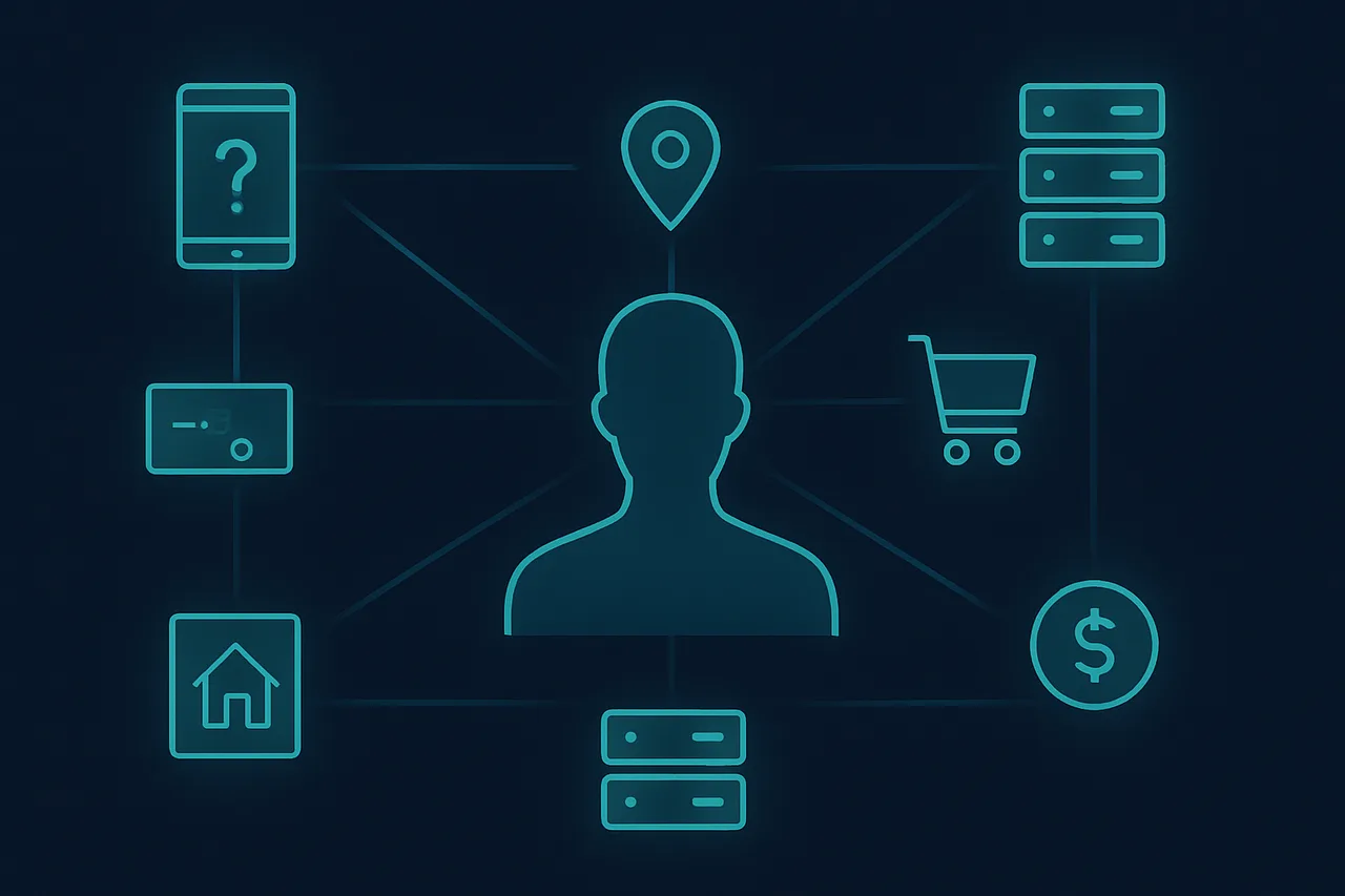 Infographic showing personal data points scattered across multiple data broker servers