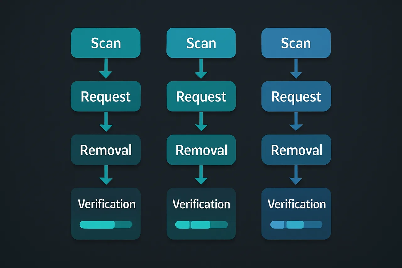 Flowchart diagram comparing the data removal process workflow of three different services