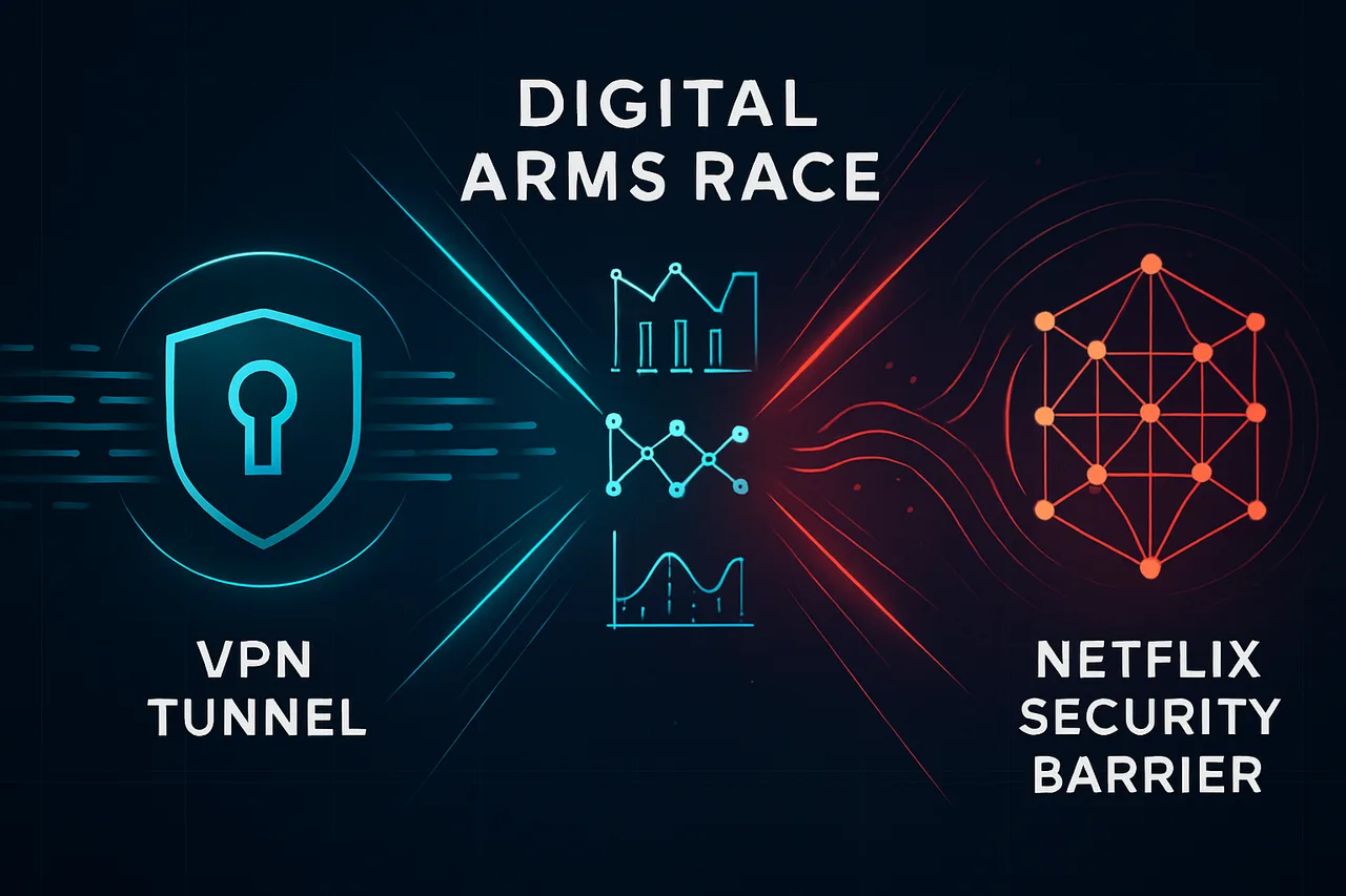 Infographic illustrating the technical arms race between VPN providers and Netflix's detection systems