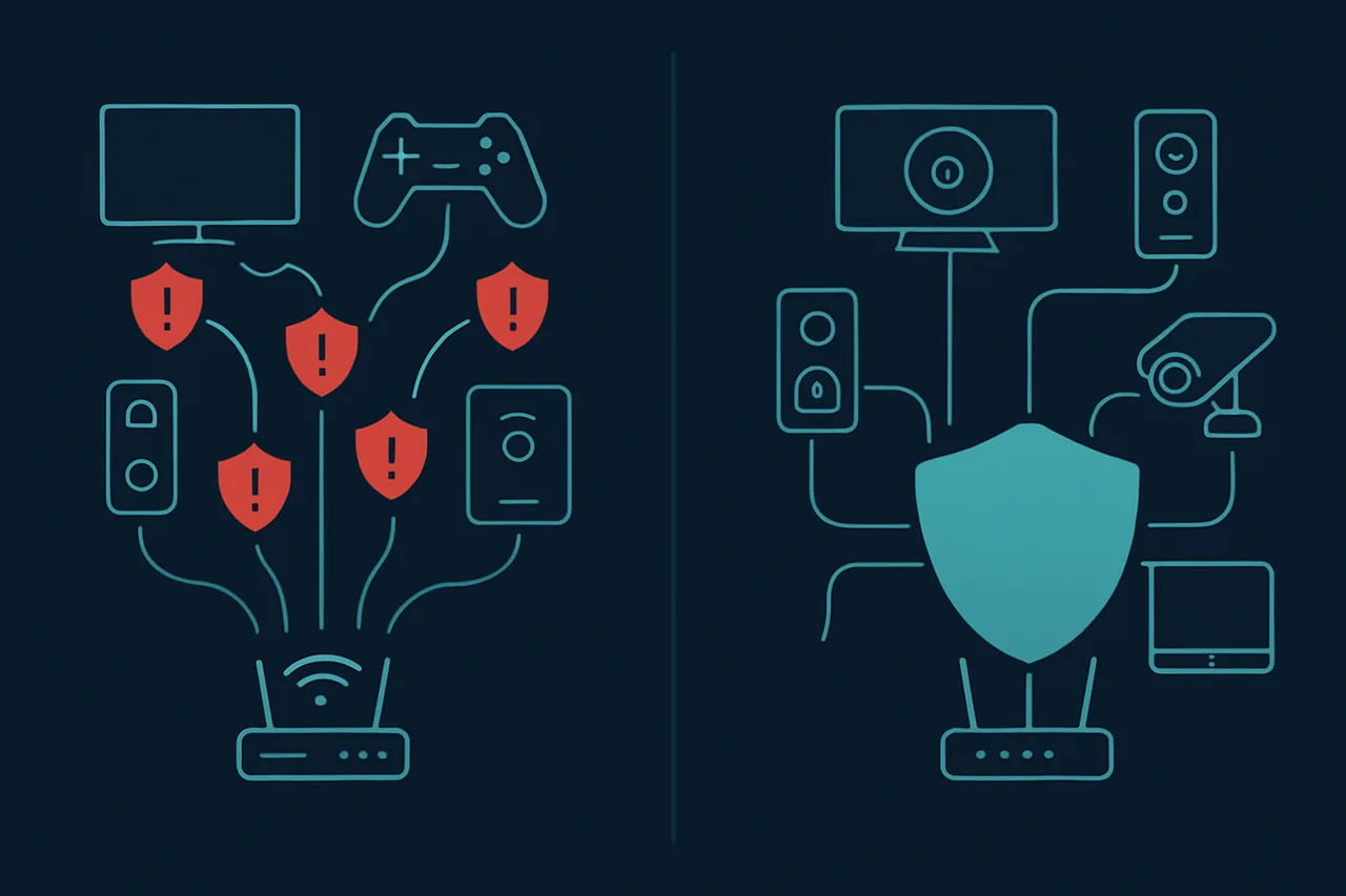 Diagram comparing device-by-device VPN protection versus router-level VPN protection for smart home devices