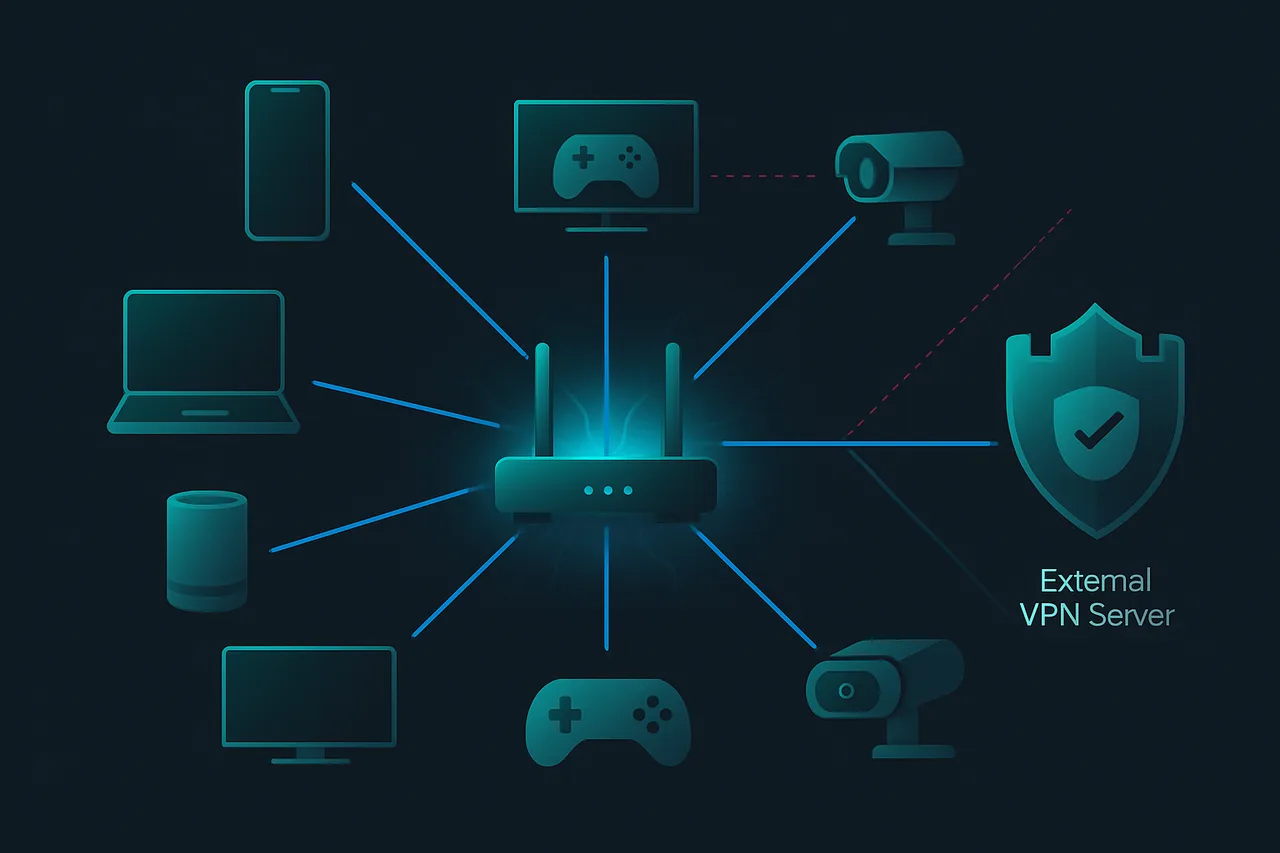 Technical diagram showing how a router-level VPN encrypts all connected devices and blocks ISP monitoring