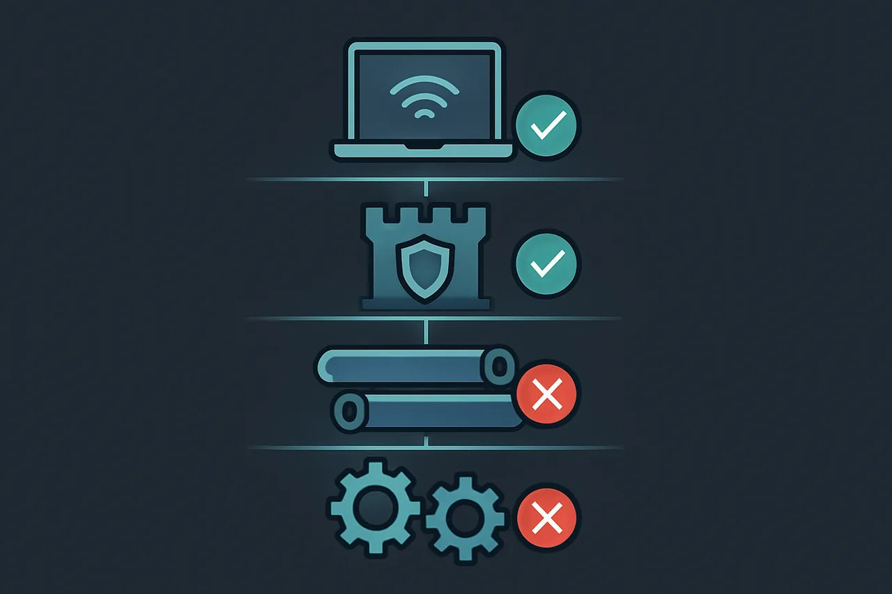 Vertical flowchart diagram showing the troubleshooting chain for VPN connectivity issues