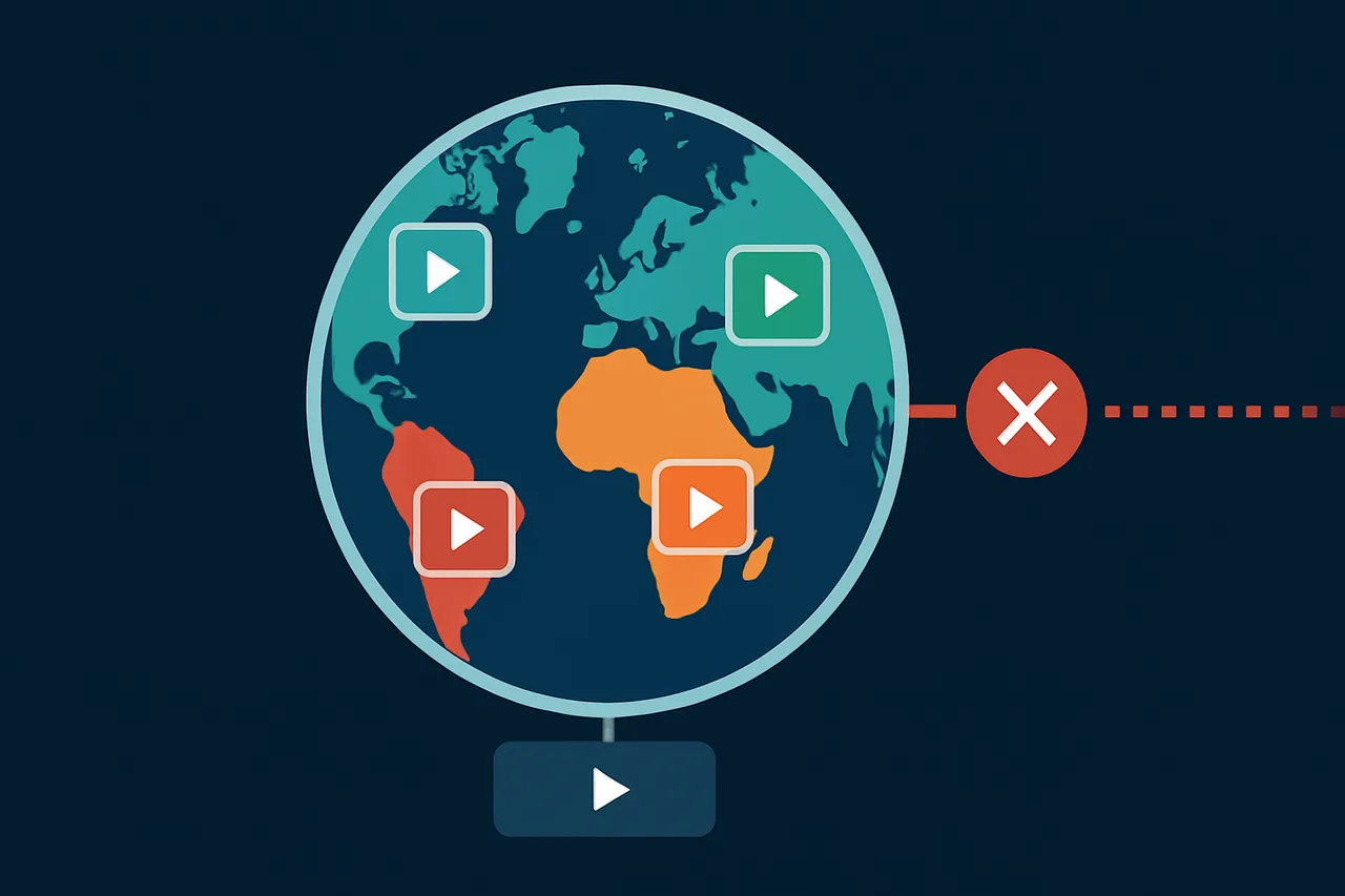 Conceptual diagram illustrating regional content licensing and VPN blocking across different geographic zones